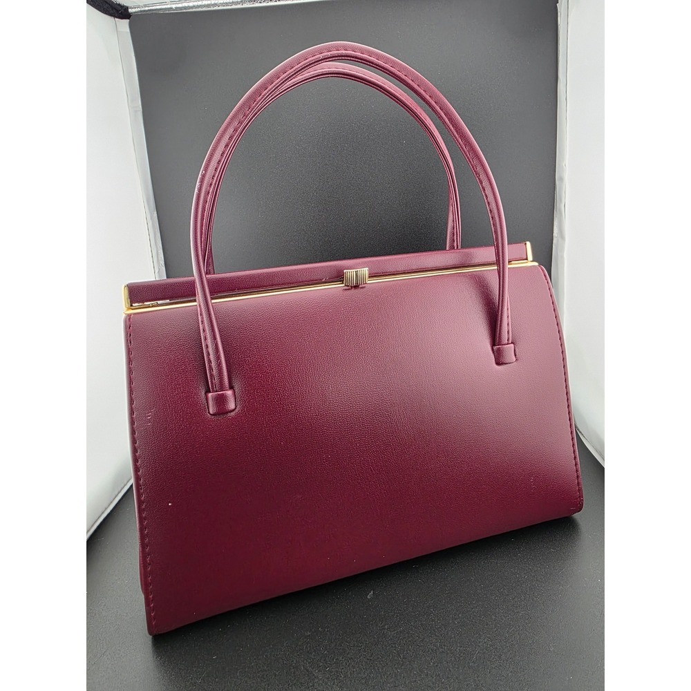 Vintage ELBIEF Made in England Leather Lined Burgundy Top Handle Gold Hardware